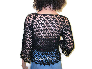 Handmade Crocheted Lace Tank Top Overblouse, Black Sparkle - Couture Service  - 3