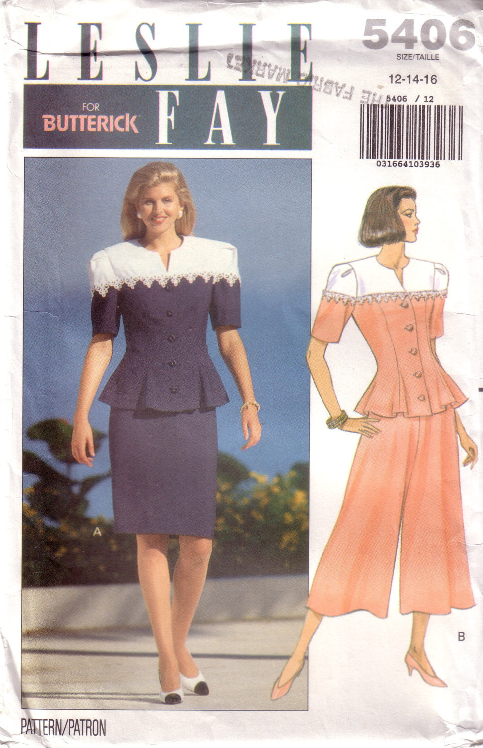 Vintage Butterick 5406, Designer Leslie Fay,, Misses, Top, Skirt, Culotte, Size 12, 14, 16 - Couture Service  - 1